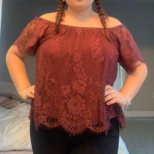 Wine red Lace over the shoulder top